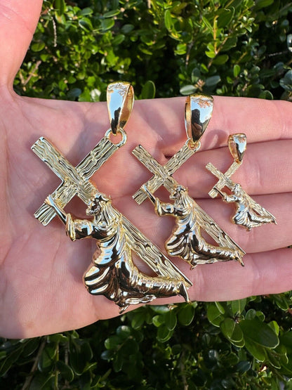 HarlemBling Jesus Carrying Cross Pendant Plain Necklace 14k Gold Vermeil 925 Silver - 3 Size