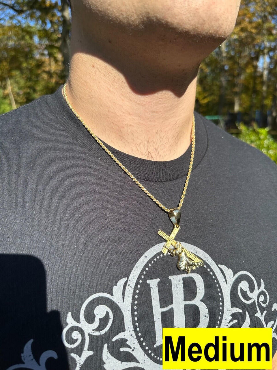 HarlemBling Jesus Carrying Cross Pendant Plain Necklace 14k Gold Vermeil 925 Silver - 3 Size