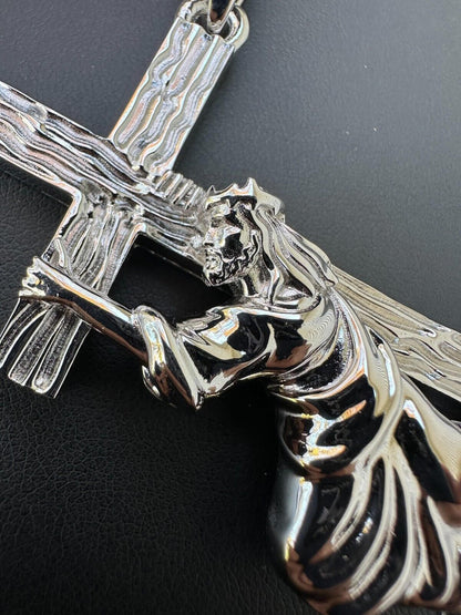 HarlemBling Jesus Carrying Cross Plain Crucifix Pendant Necklace 925 Sterling Silver 3 Sizes