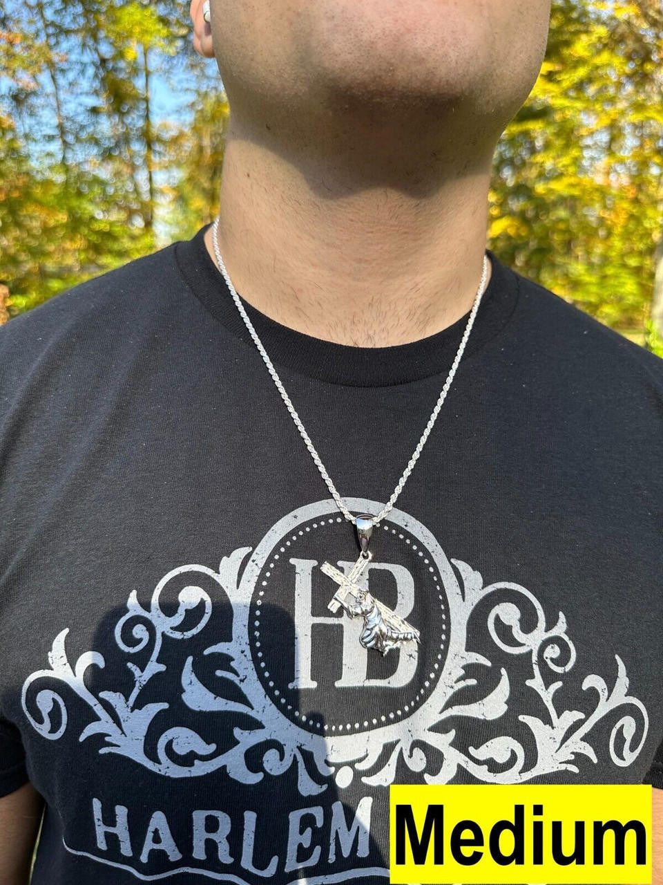 HarlemBling Jesus Carrying Cross Plain Crucifix Pendant Necklace 925 Sterling Silver 3 Sizes