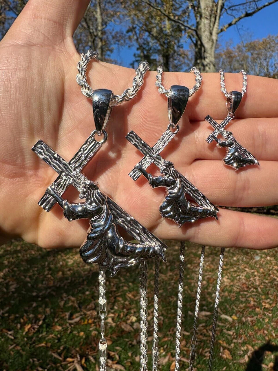 HarlemBling Jesus Carrying Cross Plain Crucifix Pendant Necklace 925 Sterling Silver 3 Sizes