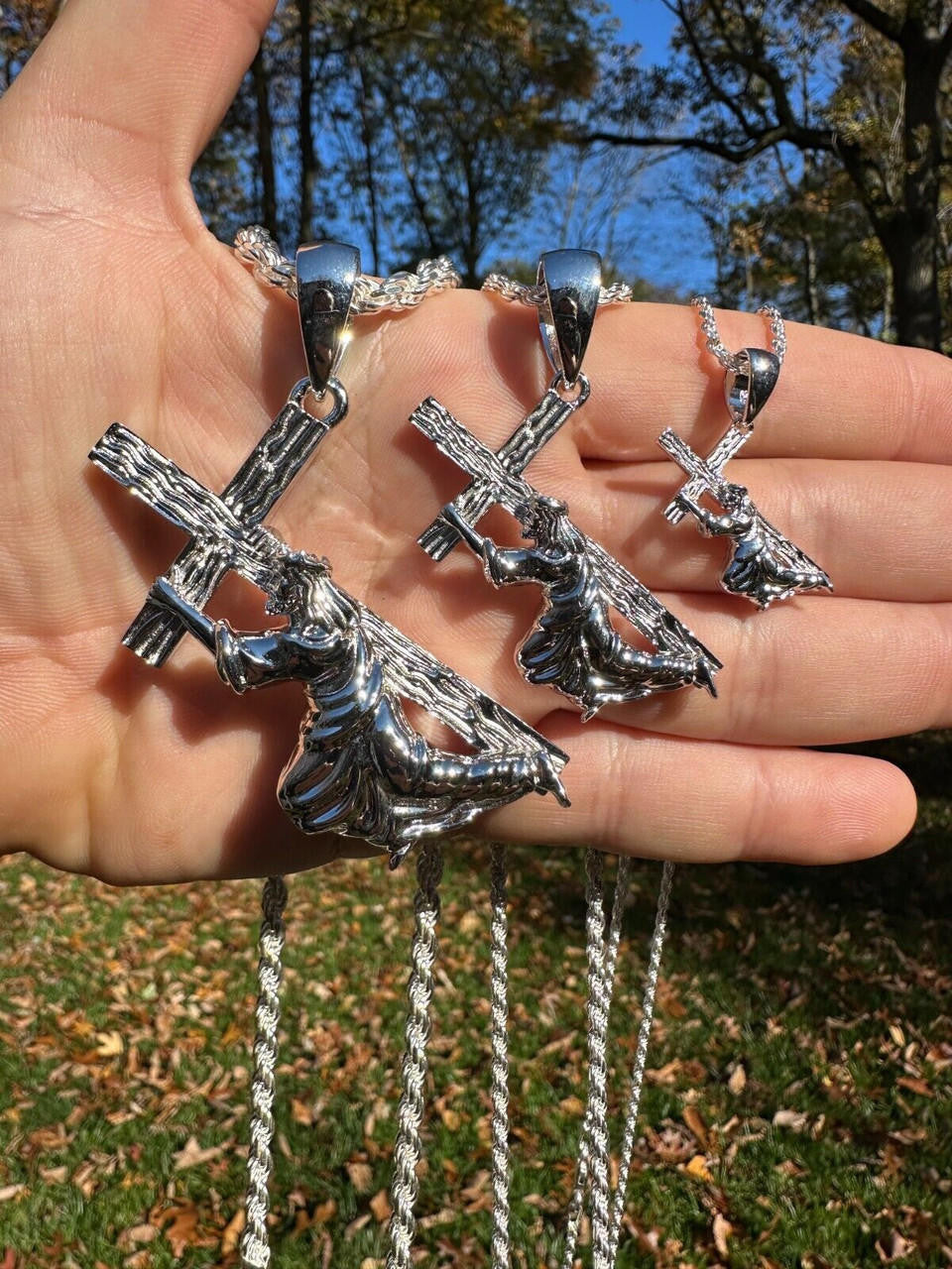 HarlemBling Jesus Carrying Cross Plain Crucifix Pendant Necklace 925 Sterling Silver 3 Sizes