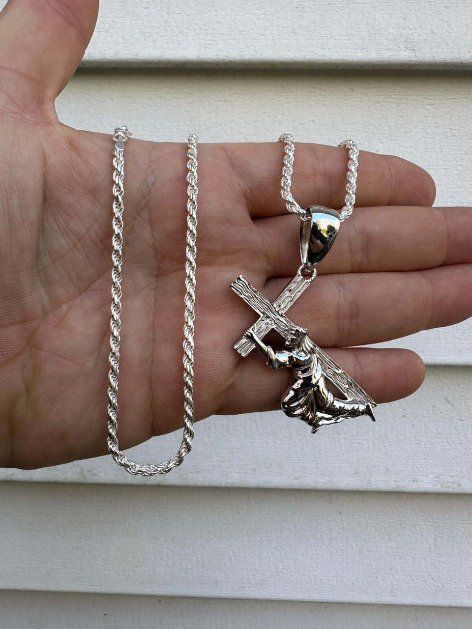 HarlemBling Jesus Carrying Cross Plain Crucifix Pendant Necklace 925 Sterling Silver 3 Sizes