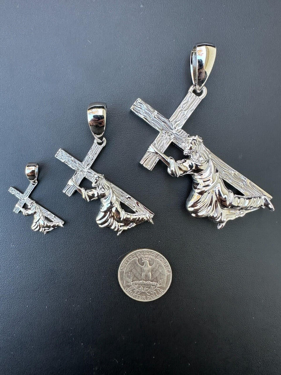 HarlemBling Jesus Carrying Cross Plain Crucifix Pendant Necklace 925 Sterling Silver 3 Sizes