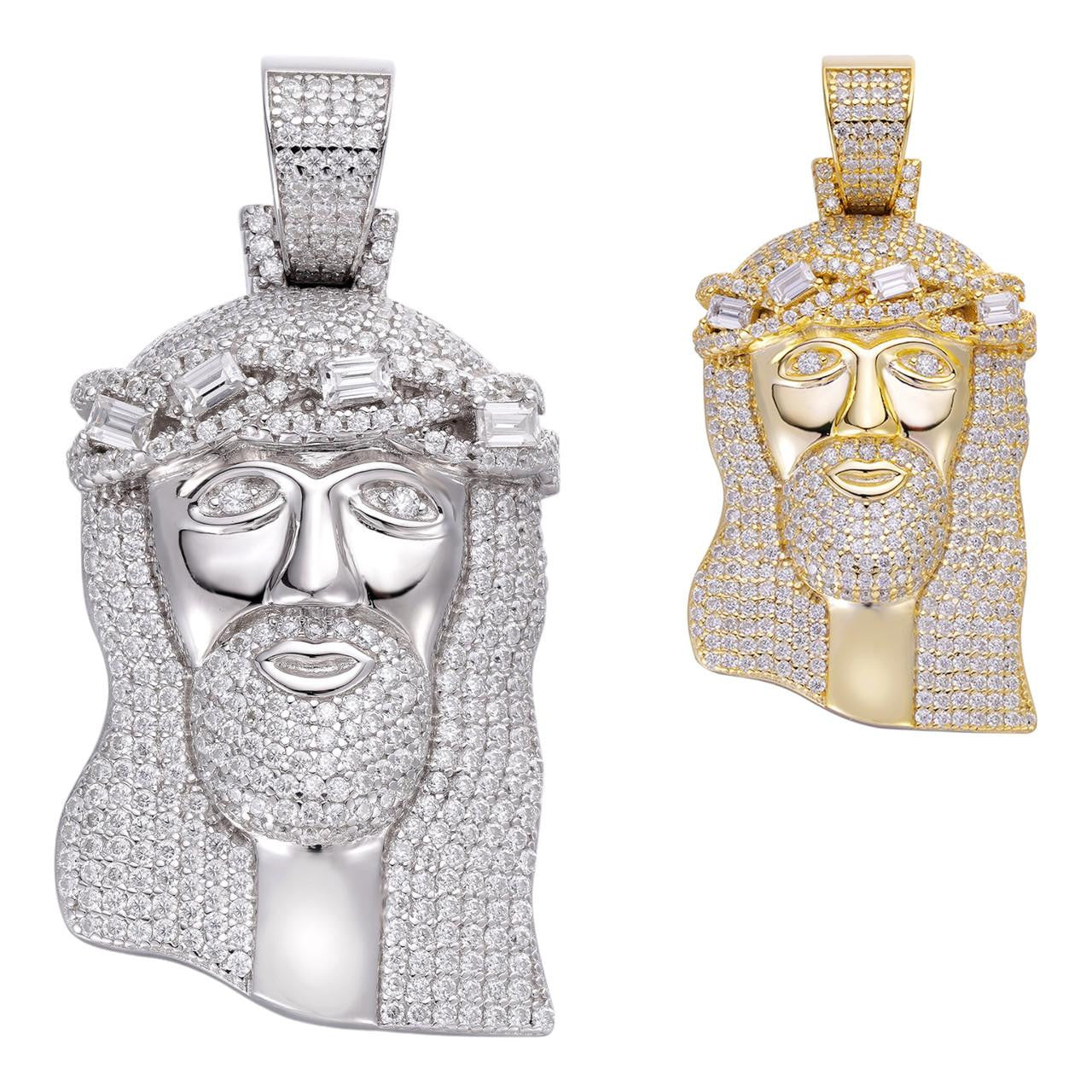 HarlemBling Jesus Icy Baguette Bust Down Pendant - 14k Gold Vermeil Or 925 Silver - CZ Stones - Medium 2"
