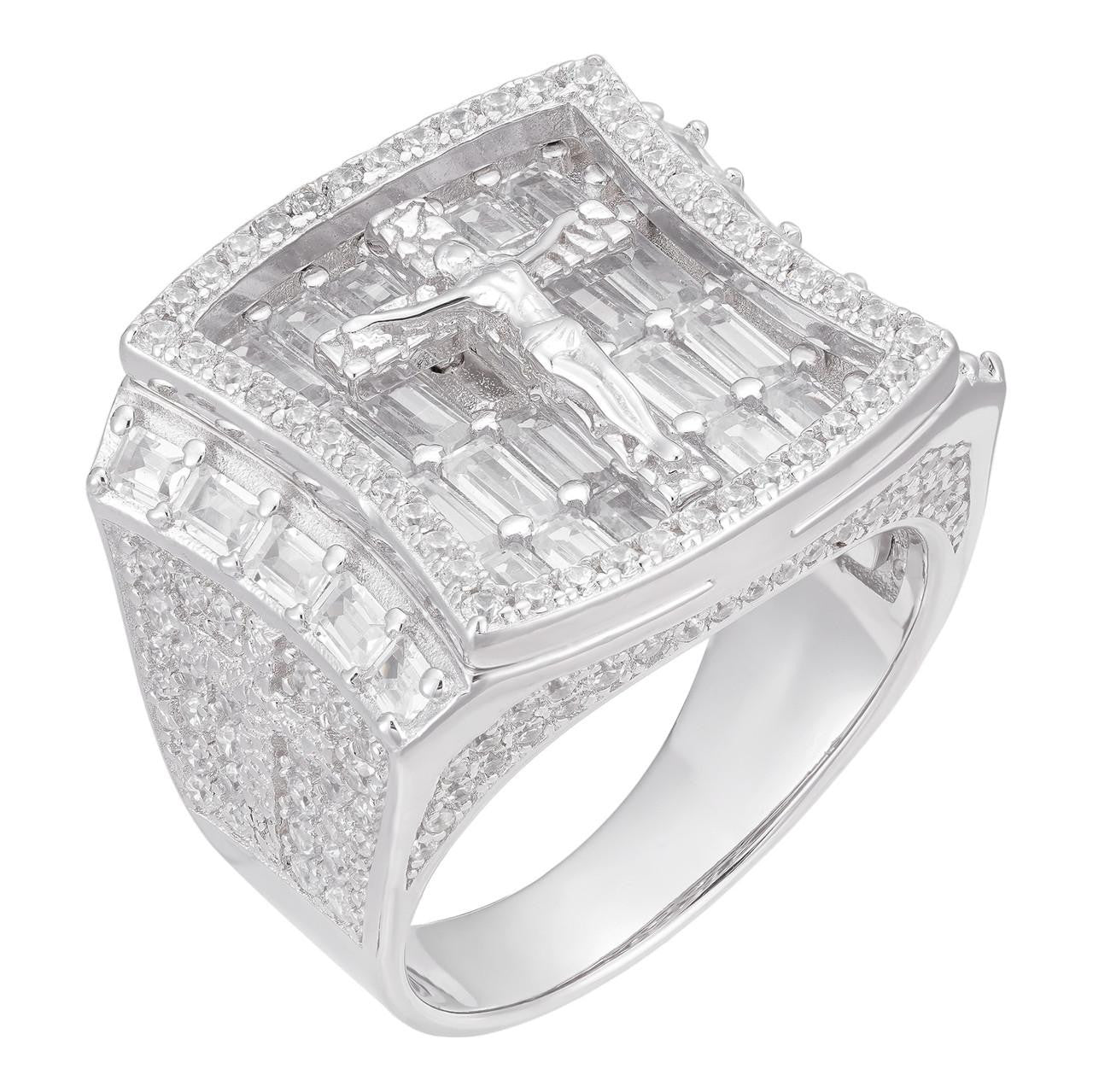 HarlemBling Jesus On Cross Iced Out Baguette Ring - 925 Silver - CZ Stones