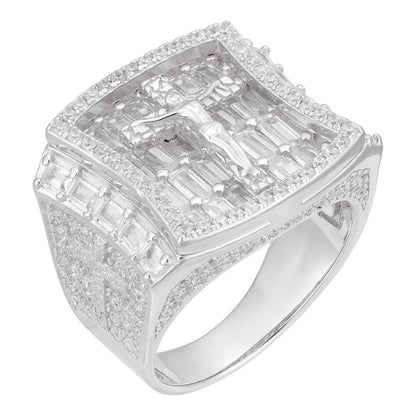 HarlemBling Jesus On Cross Iced Out Baguette Ring - 925 Silver - CZ Stones