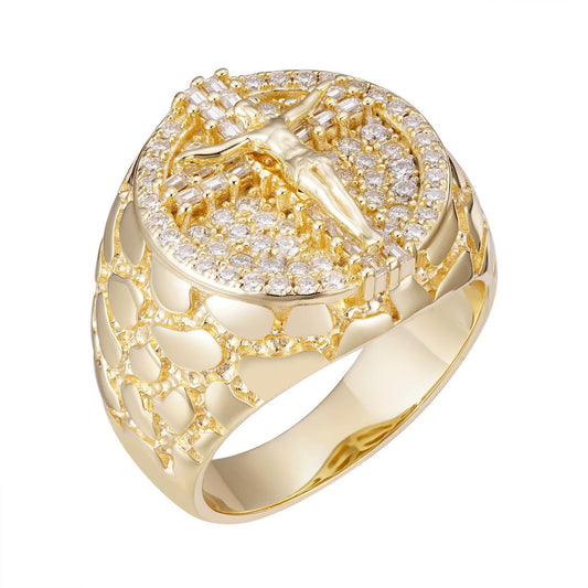 HarlemBling Jesus On Cross Nugget Ring - 14k Gold Vermeil 925 Silver - CZ Stones