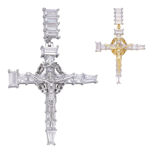 HarlemBling Jesus On Nail Cross Baguette Diamond Pendant - 14k Gold Vermeil & 925 Silver - CZ Stones - Medium 2.25"
