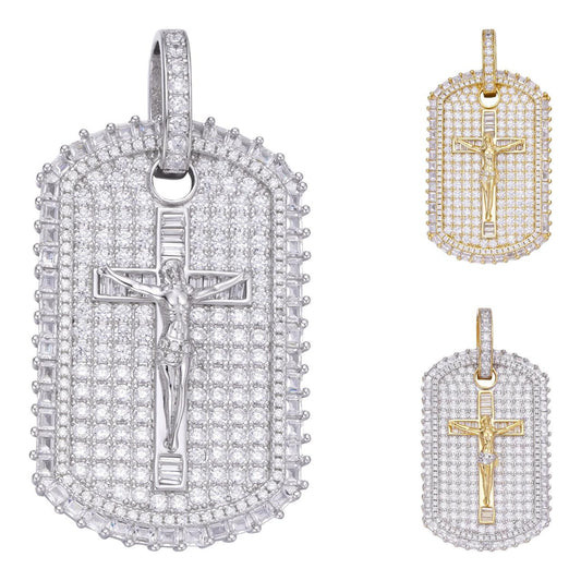 HarlemBling Jesus On The Cross Dog Tag Iced Out Pendant - 14k Gold Vermeil Or 925 Silver - CZ Stones - Medium 2"