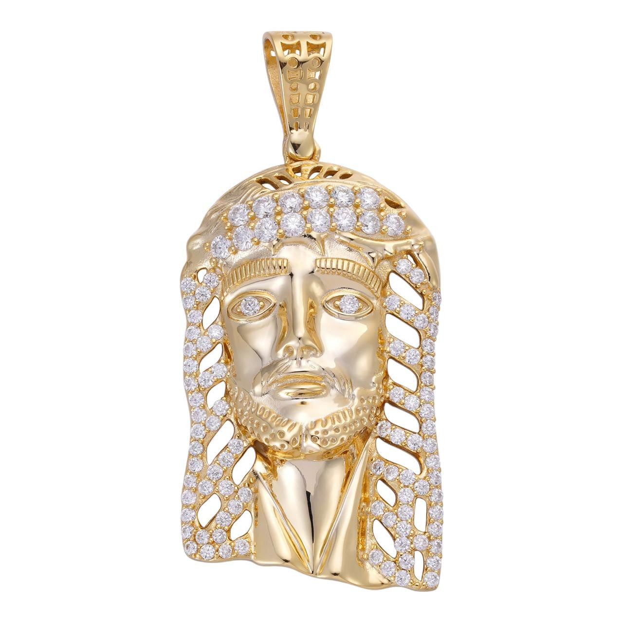 HarlemBling Jesus Savior Pendant - 14k Gold Vermeil 925 Silver - CZ Stones - Medium 2"