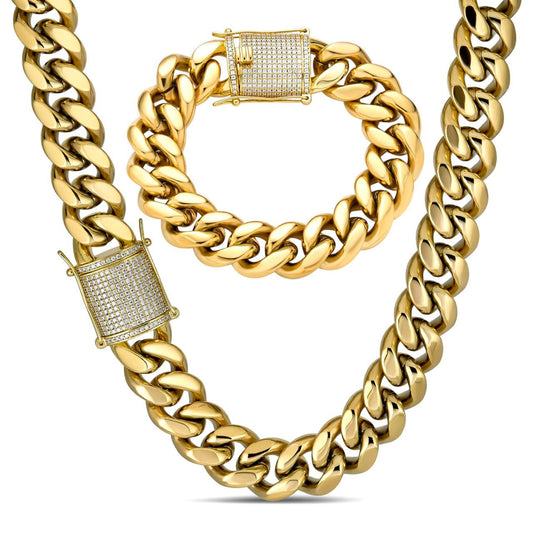 HarlemBling Kilo Cuban MOISSANITE CLASP Miami Cuban Link Chain Necklace Or Bracelet - 14k Yellow Gold Plated Stainless Steel - 7"-30" - 18mm
