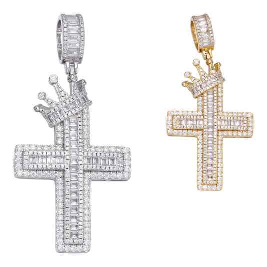 HarlemBling King Crown Medallion Baguette Cross Pendant - 14k Yellow Gold Vermeil 925 Silver - CZ Stones - Large 2.5"