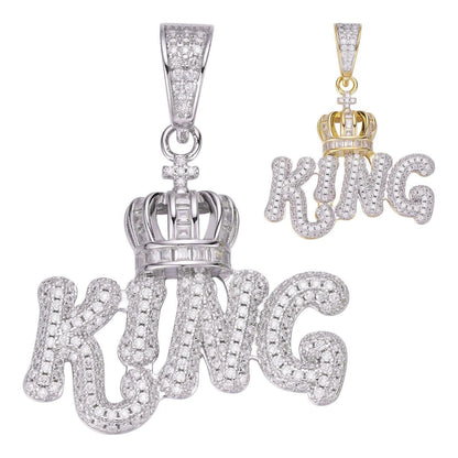 HarlemBling King W. Crown Hip Hop Pendant - 14k Gold Vermeil Or 925 Silver - CZ Stones - Medium 1.75"