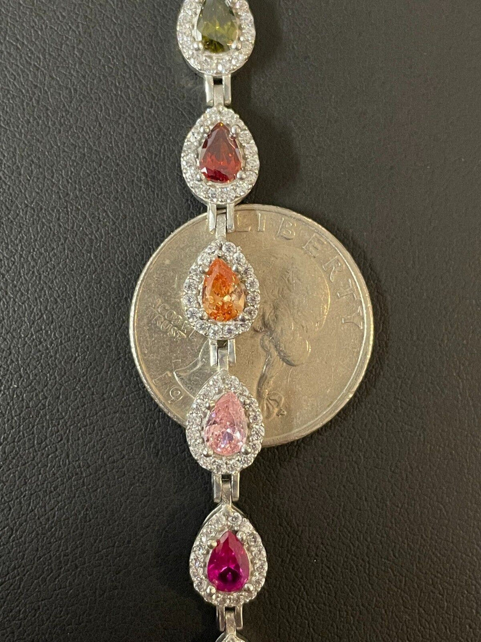 HarlemBling Ladies Multicolor Crystal Teardrop Tennis Bracelet Adjustable Solid 925 Silver