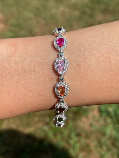 HarlemBling Ladies Multicolor Crystal Teardrop Tennis Bracelet Adjustable Solid 925 Silver