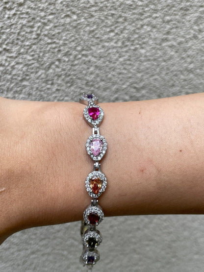 HarlemBling Ladies Multicolor Crystal Teardrop Tennis Bracelet Adjustable Solid 925 Silver