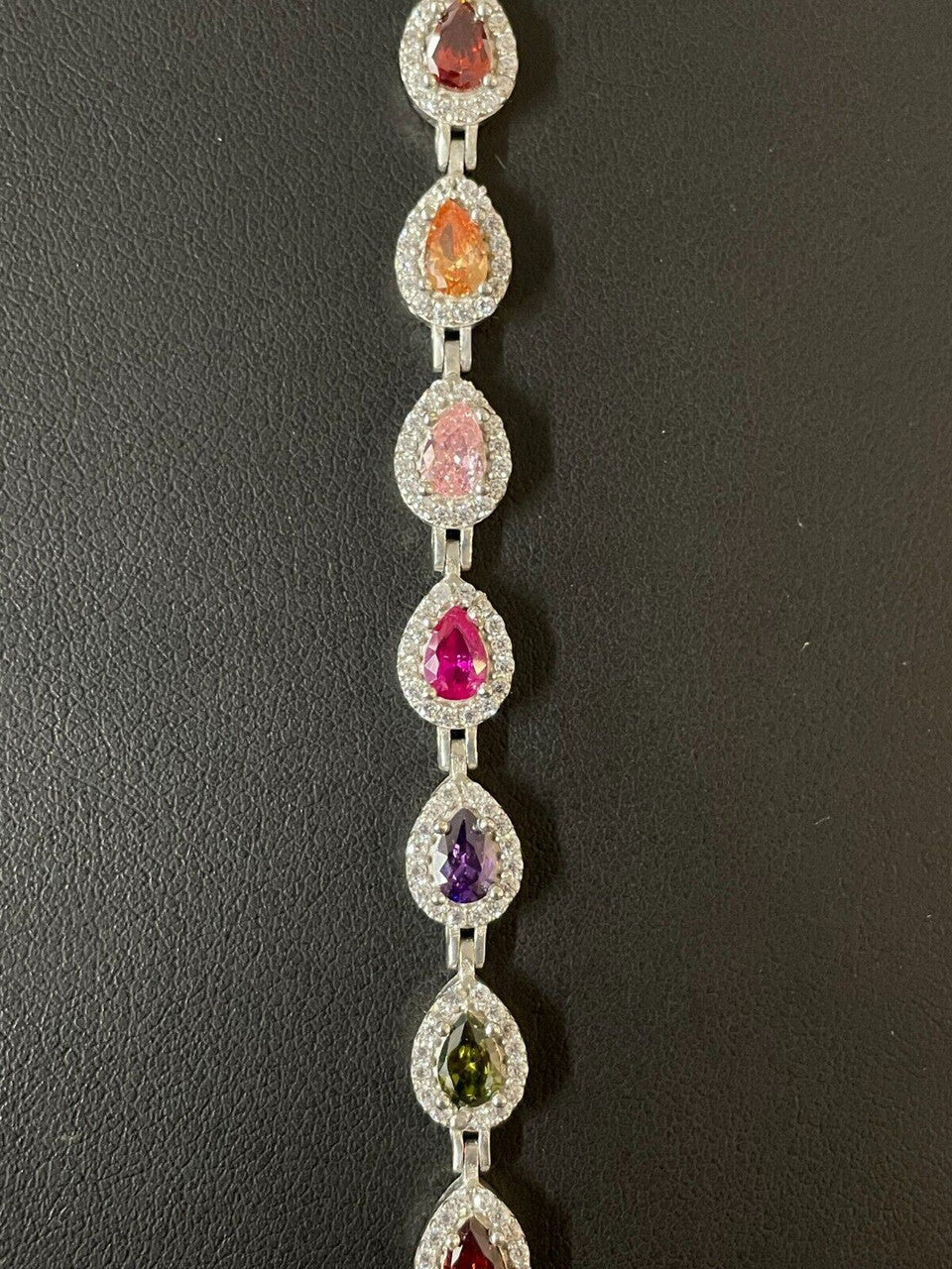 HarlemBling Ladies Multicolor Crystal Teardrop Tennis Bracelet Adjustable Solid 925 Silver