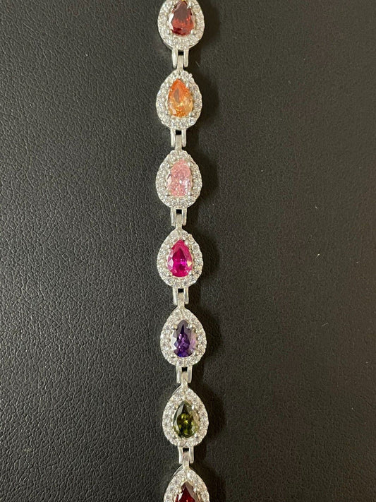 HarlemBling Ladies Multicolor Crystal Teardrop Tennis Bracelet Adjustable Solid 925 Silver