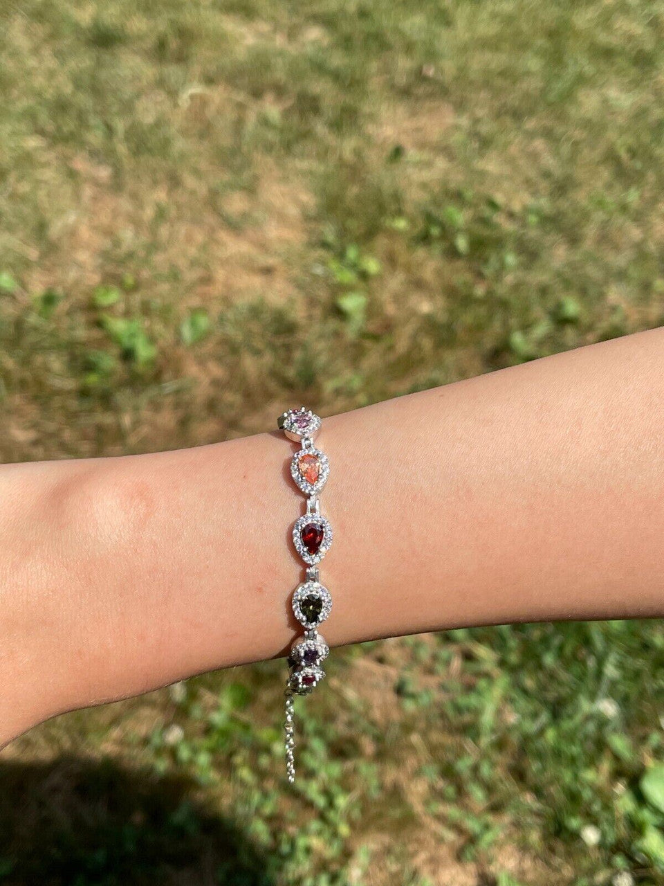 HarlemBling Ladies Multicolor Crystal Teardrop Tennis Bracelet Adjustable Solid 925 Silver