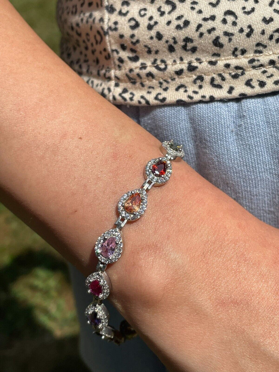 HarlemBling Ladies Multicolor Crystal Teardrop Tennis Bracelet Adjustable Solid 925 Silver