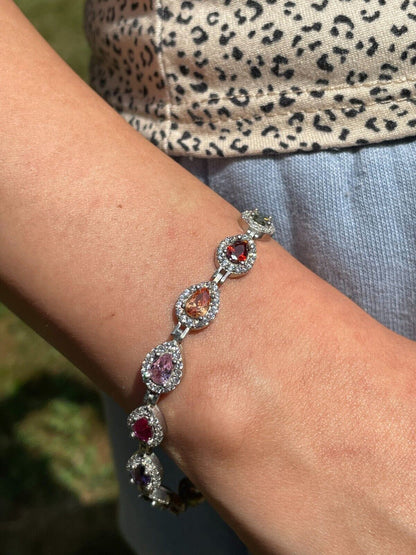 HarlemBling Ladies Multicolor Crystal Teardrop Tennis Bracelet Adjustable Solid 925 Silver