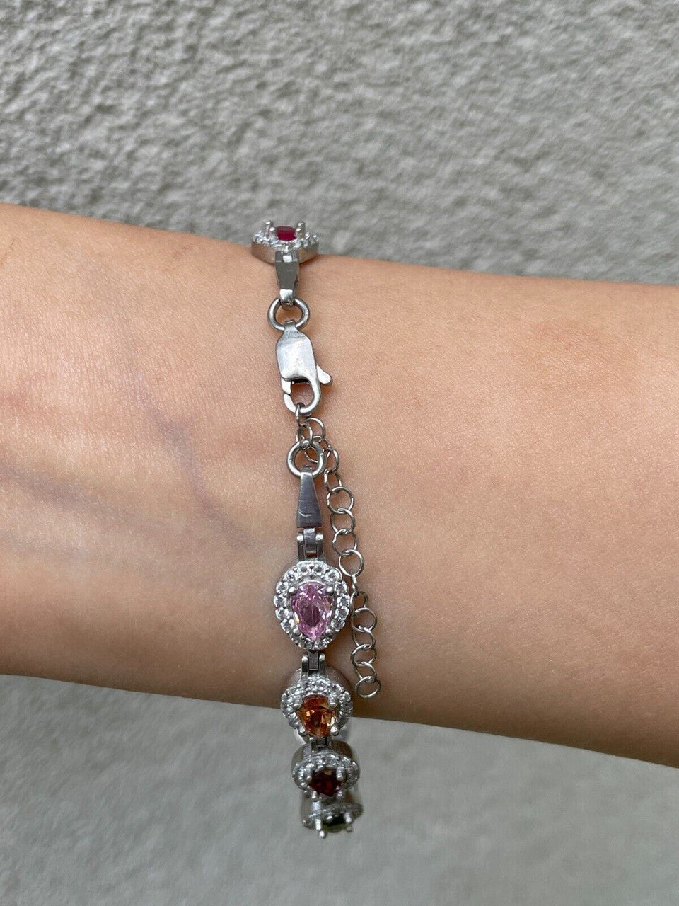 HarlemBling Ladies Multicolor Crystal Teardrop Tennis Bracelet Adjustable Solid 925 Silver