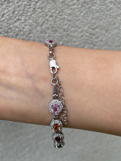 HarlemBling Ladies Multicolor Crystal Teardrop Tennis Bracelet Adjustable Solid 925 Silver