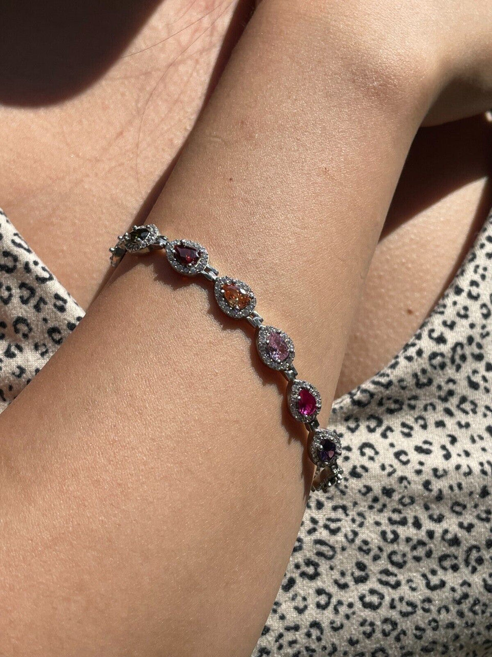 HarlemBling Ladies Multicolor Crystal Teardrop Tennis Bracelet Adjustable Solid 925 Silver