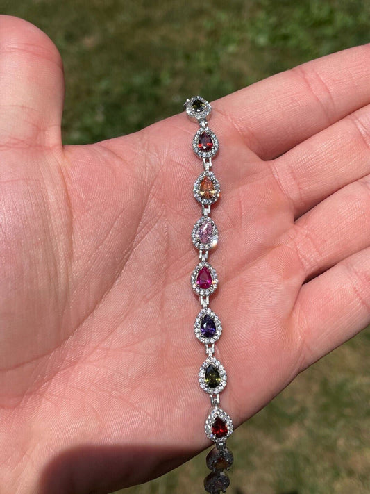 HarlemBling Ladies Multicolor Crystal Teardrop Tennis Bracelet Adjustable Solid 925 Silver