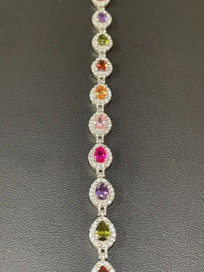 HarlemBling Ladies Multicolor Crystal Teardrop Tennis Bracelet Adjustable Solid 925 Silver