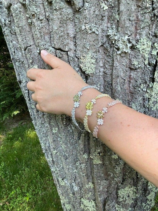 HarlemBling Ladies Real 925 Silver / Yellow Rose Four Leaf Clover Baguette Diamond Bracelet