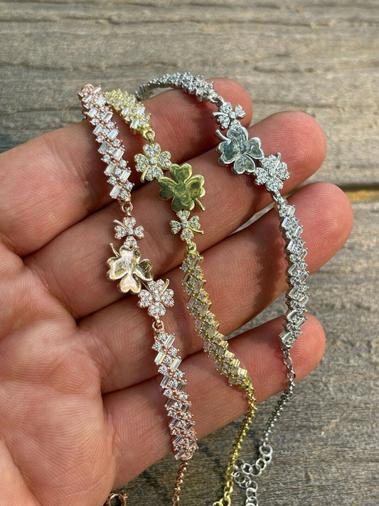 HarlemBling Ladies Real 925 Silver / Yellow Rose Four Leaf Clover Baguette Diamond Bracelet