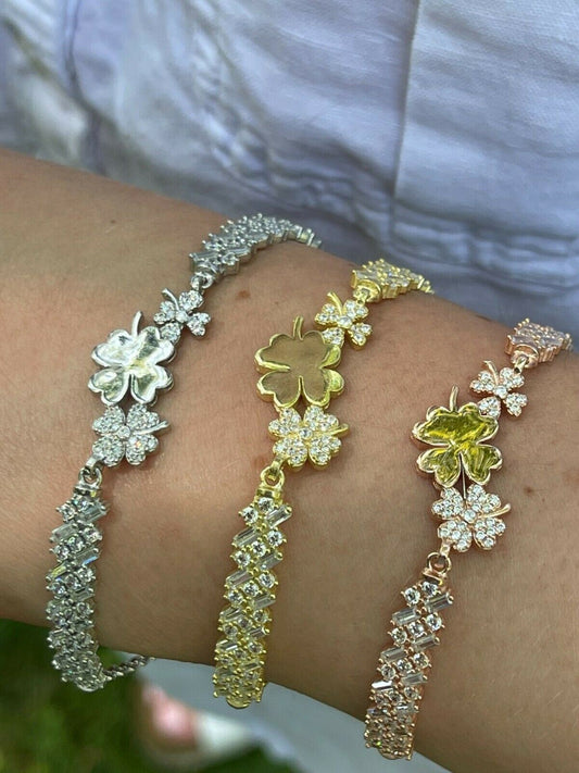 HarlemBling Ladies Real 925 Silver / Yellow Rose Four Leaf Clover Baguette Diamond Bracelet