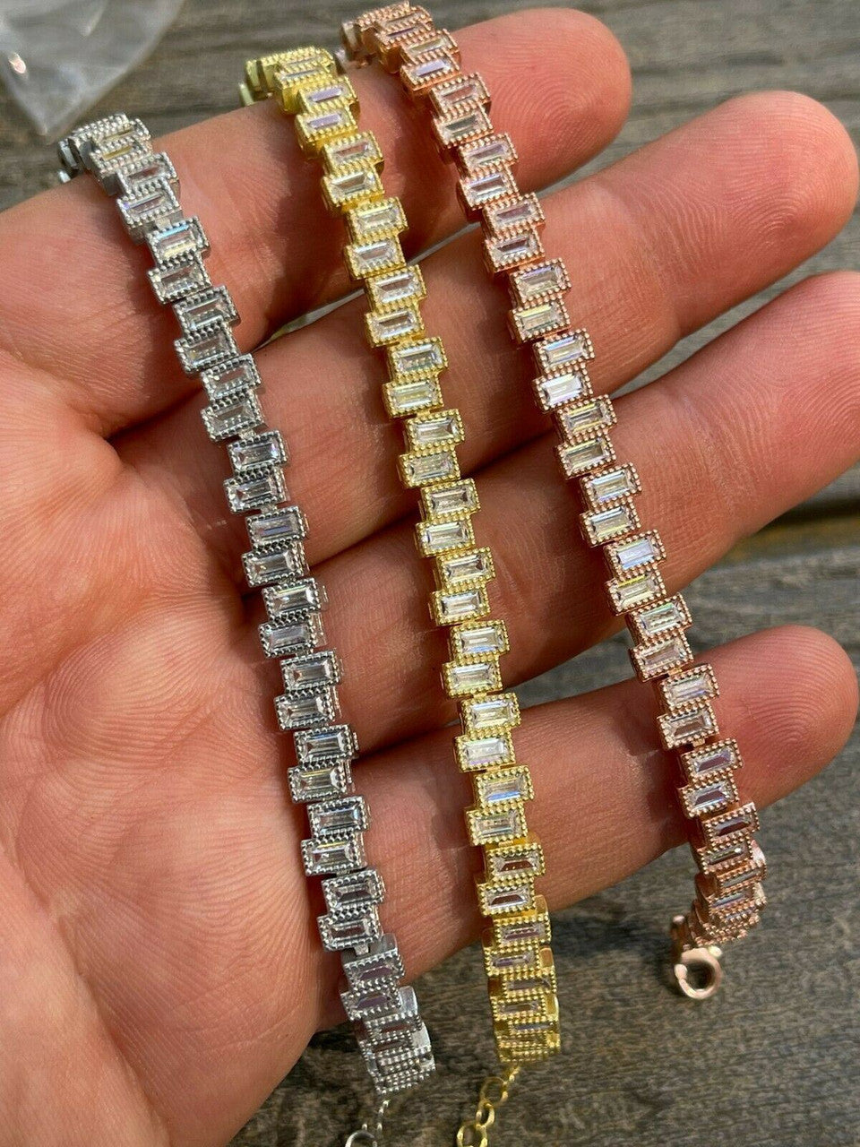 HarlemBling Ladies Real 925 Silver / Yellow Rose Gold Emerald Cut Diamond Tennis Bracelet