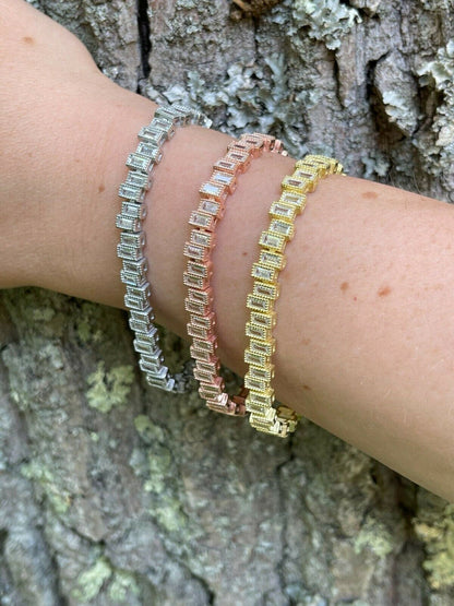 HarlemBling Ladies Real 925 Silver / Yellow Rose Gold Emerald Cut Diamond Tennis Bracelet