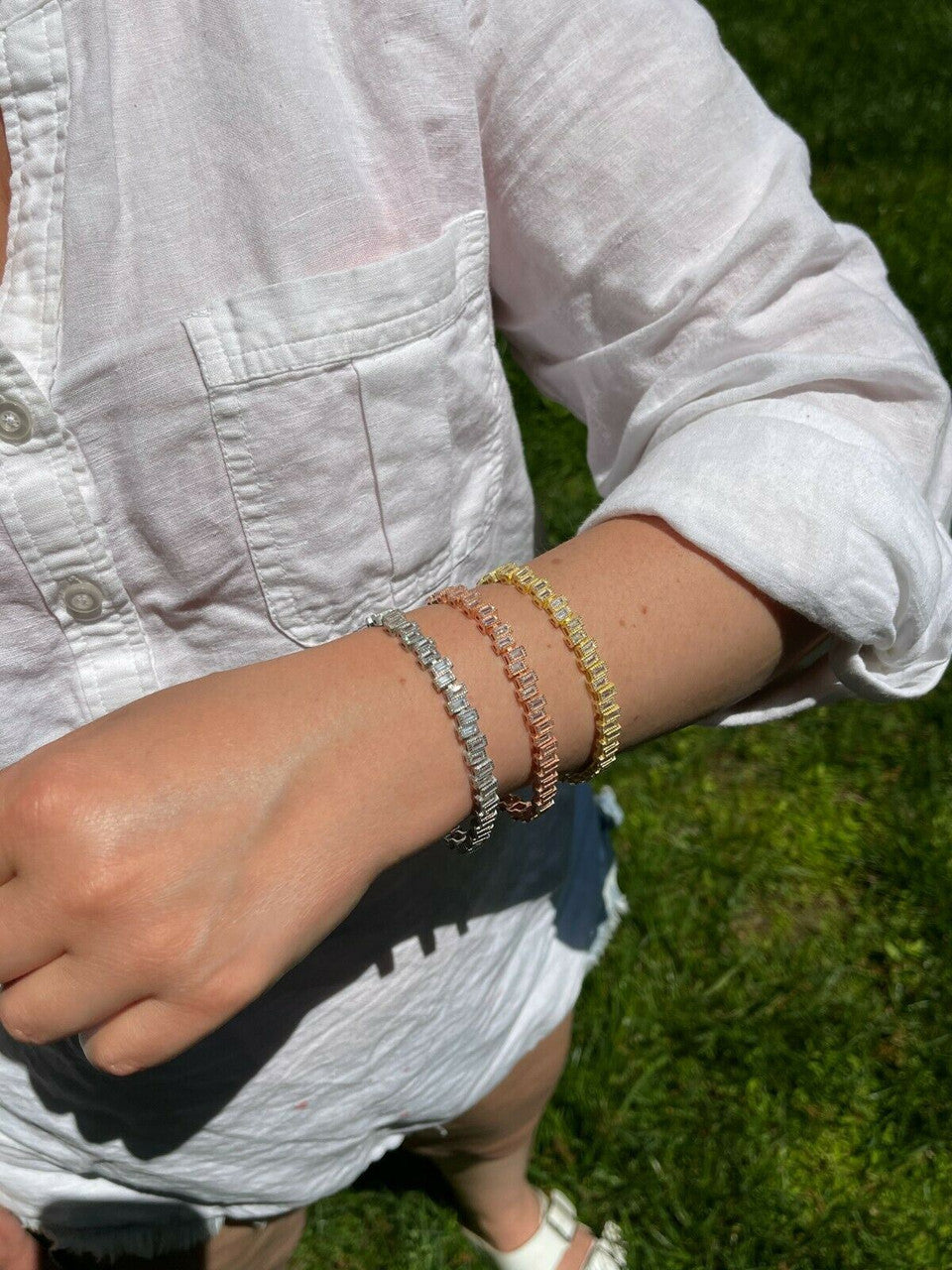 HarlemBling Ladies Real 925 Silver / Yellow Rose Gold Emerald Cut Diamond Tennis Bracelet