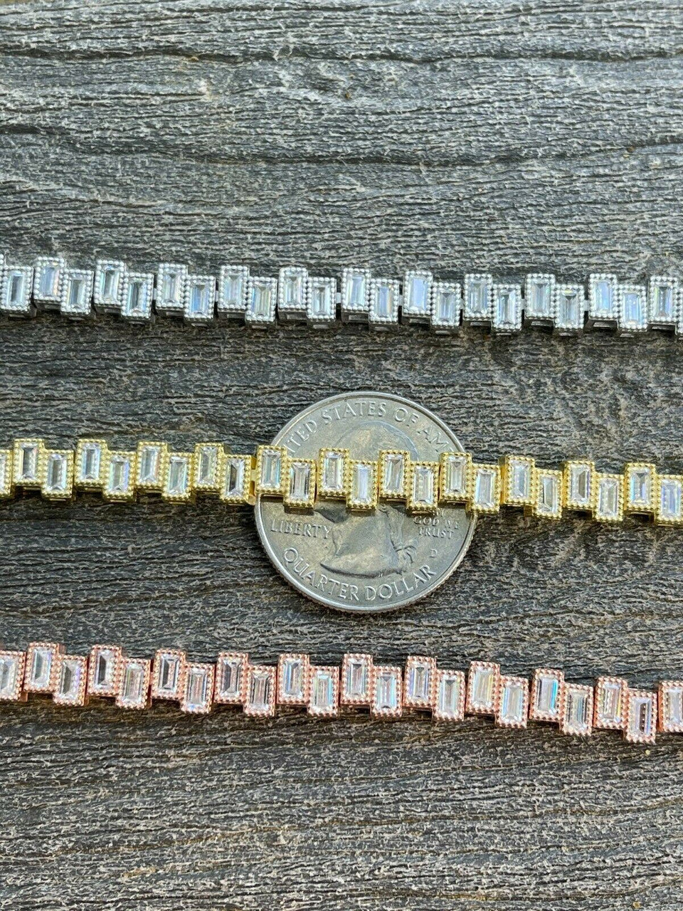 HarlemBling Ladies Real 925 Silver / Yellow Rose Gold Emerald Cut Diamond Tennis Bracelet