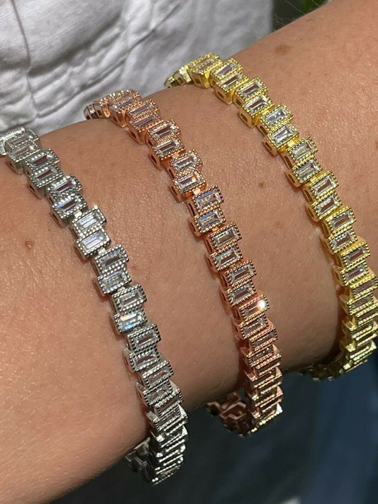 HarlemBling Ladies Real 925 Silver / Yellow Rose Gold Emerald Cut Diamond Tennis Bracelet