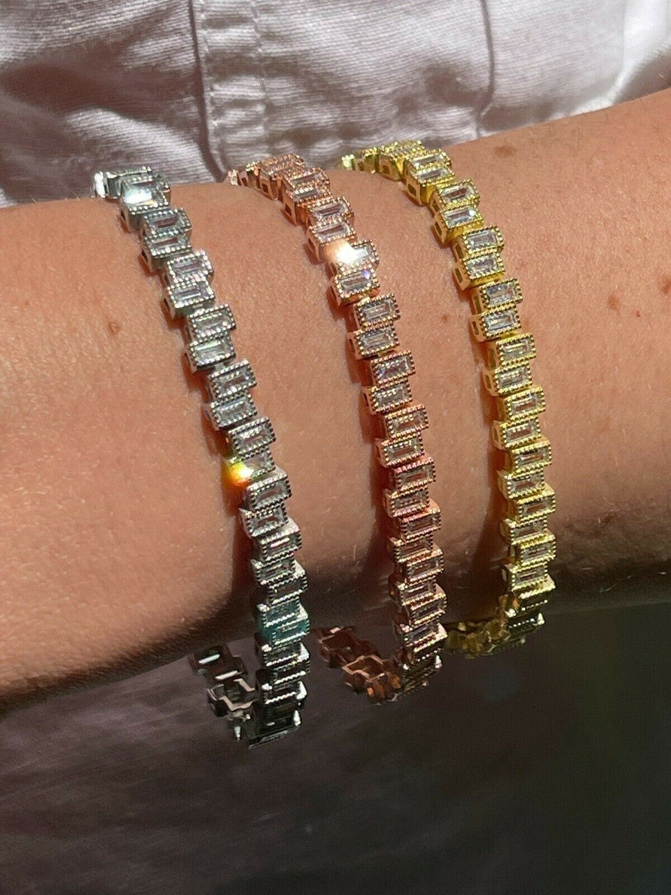 HarlemBling Ladies Real 925 Silver / Yellow Rose Gold Emerald Cut Diamond Tennis Bracelet