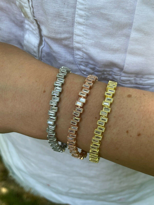 HarlemBling Ladies Real 925 Silver / Yellow Rose Gold Emerald Cut Diamond Tennis Bracelet