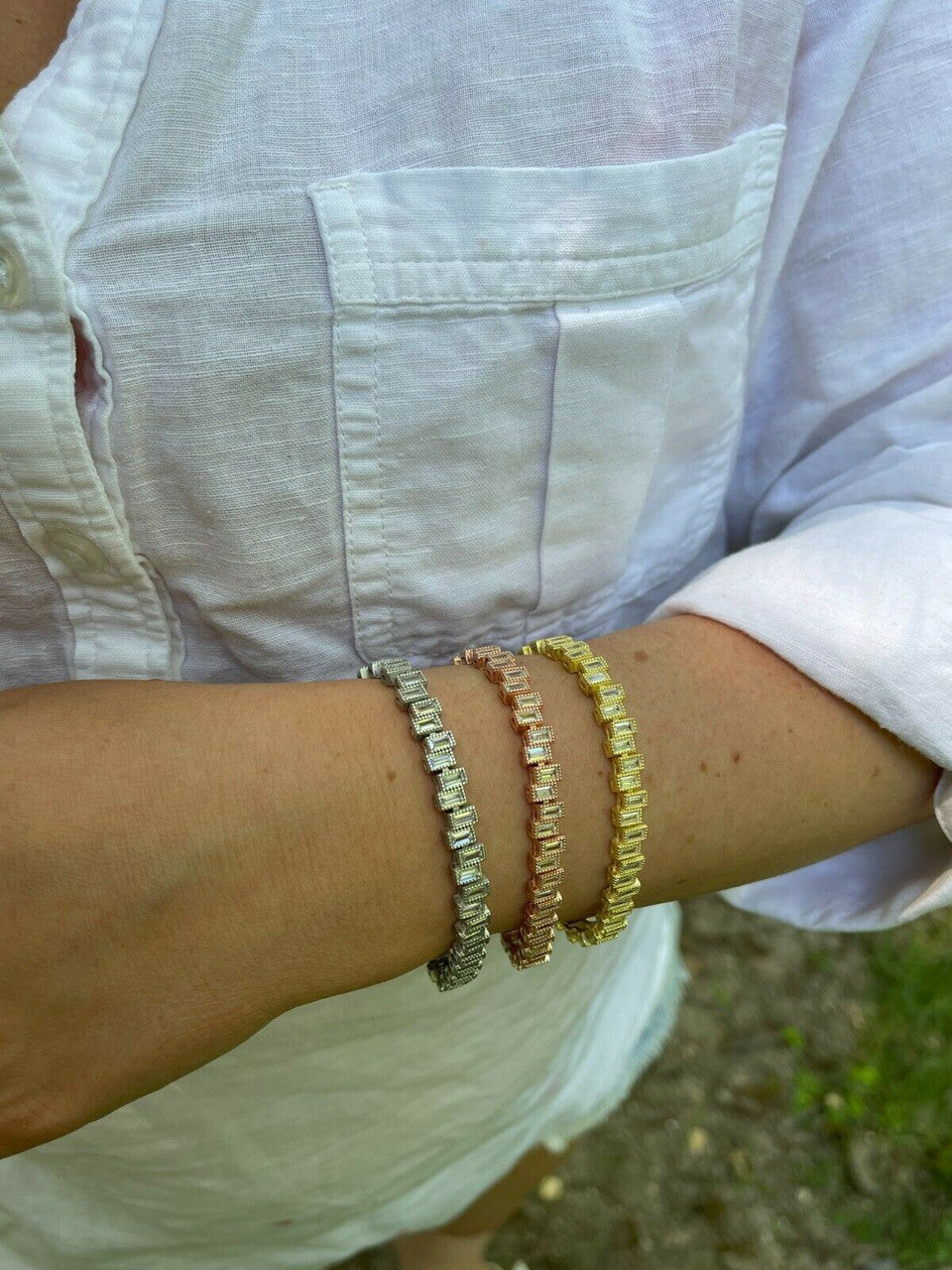 HarlemBling Ladies Real 925 Silver / Yellow Rose Gold Emerald Cut Diamond Tennis Bracelet