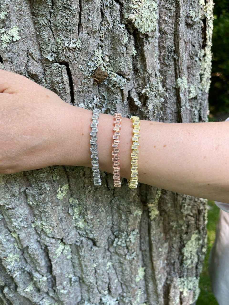 HarlemBling Ladies Real 925 Silver / Yellow Rose Gold Emerald Cut Diamond Tennis Bracelet