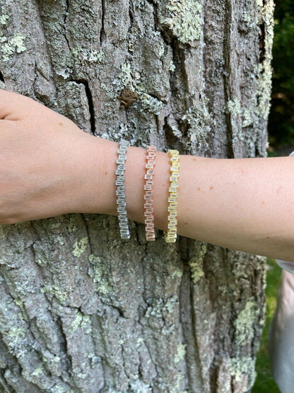 HarlemBling Ladies Real 925 Silver / Yellow Rose Gold Emerald Cut Diamond Tennis Bracelet