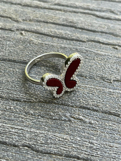 HarlemBling Ladies Real Solid 925 Sterling Silver Large Butterfly Ring Red Agate W Diamonds