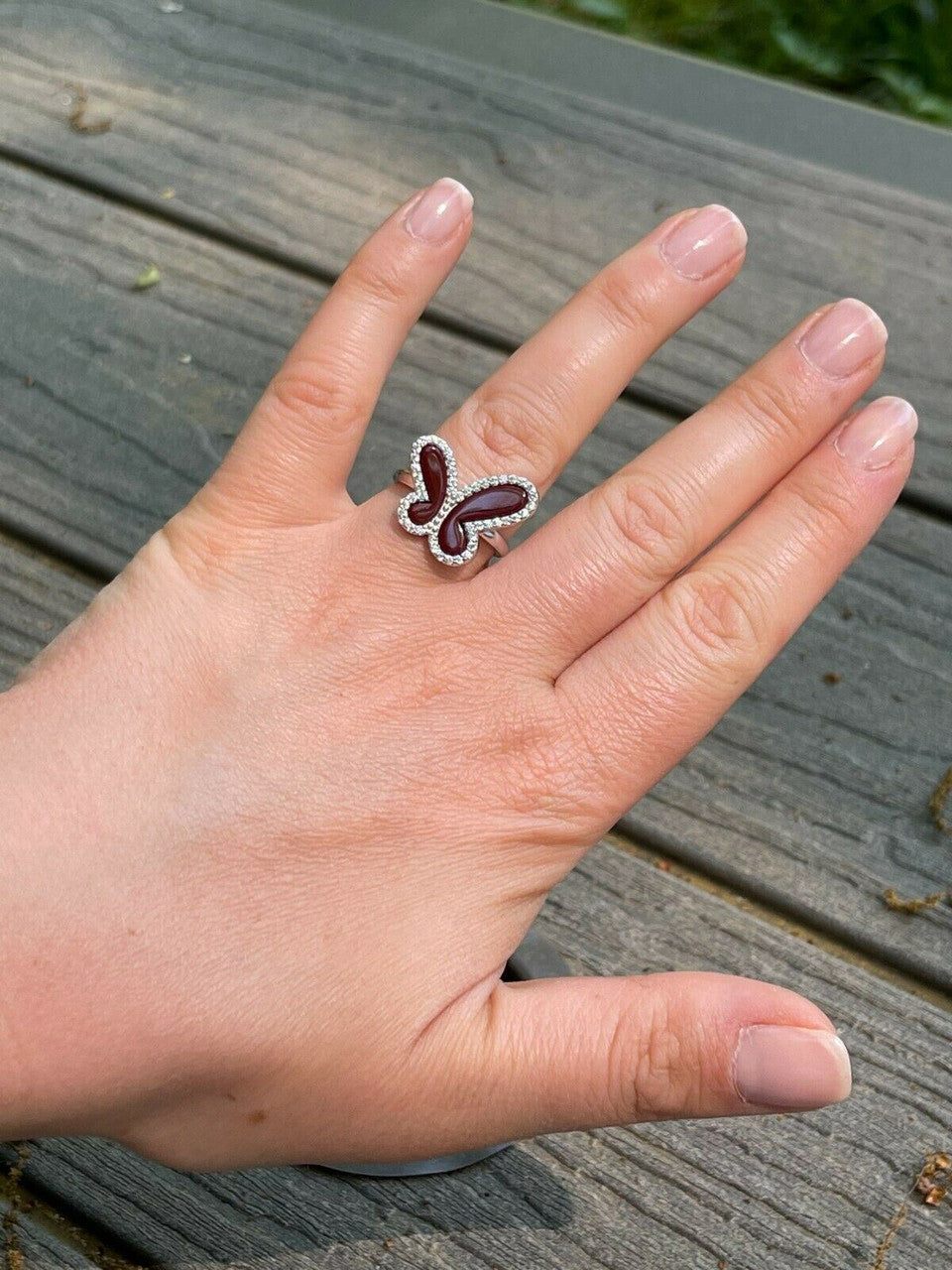 HarlemBling Ladies Real Solid 925 Sterling Silver Large Butterfly Ring Red Agate W Diamonds