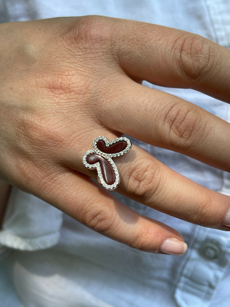 HarlemBling Ladies Real Solid 925 Sterling Silver Large Butterfly Ring Red Agate W Diamonds