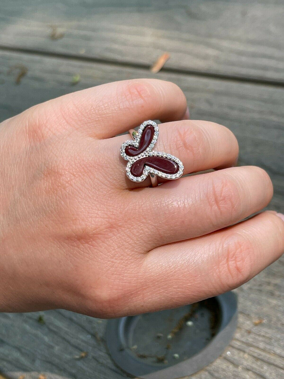 HarlemBling Ladies Real Solid 925 Sterling Silver Large Butterfly Ring Red Agate W Diamonds