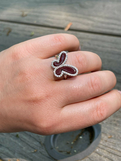 HarlemBling Ladies Real Solid 925 Sterling Silver Large Butterfly Ring Red Agate W Diamonds