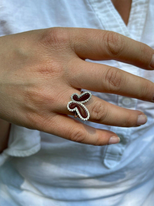 HarlemBling Ladies Real Solid 925 Sterling Silver Large Butterfly Ring Red Agate W Diamonds